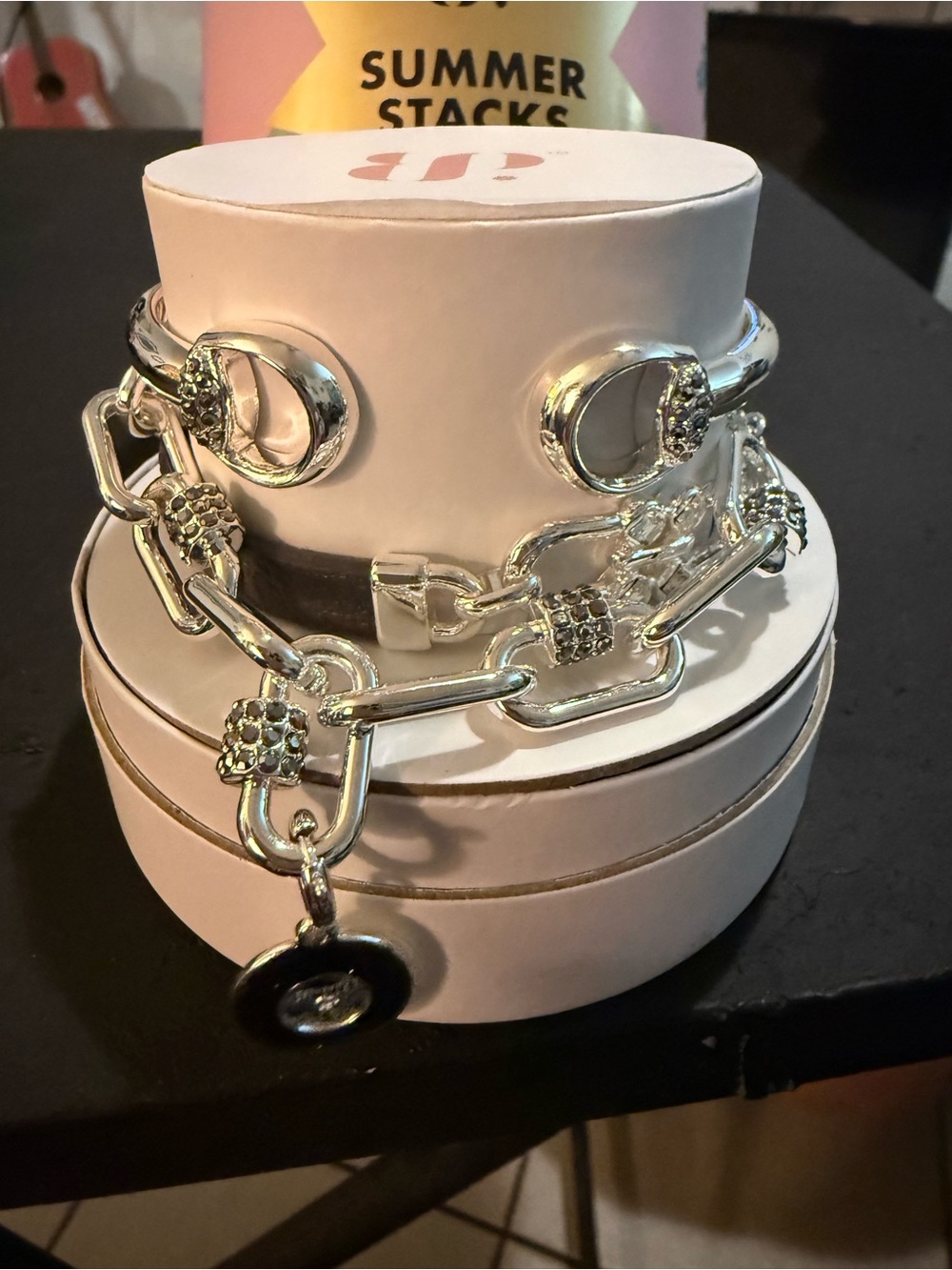 Silver-Tone Crystal Link Bracelet with Black Accent Charm